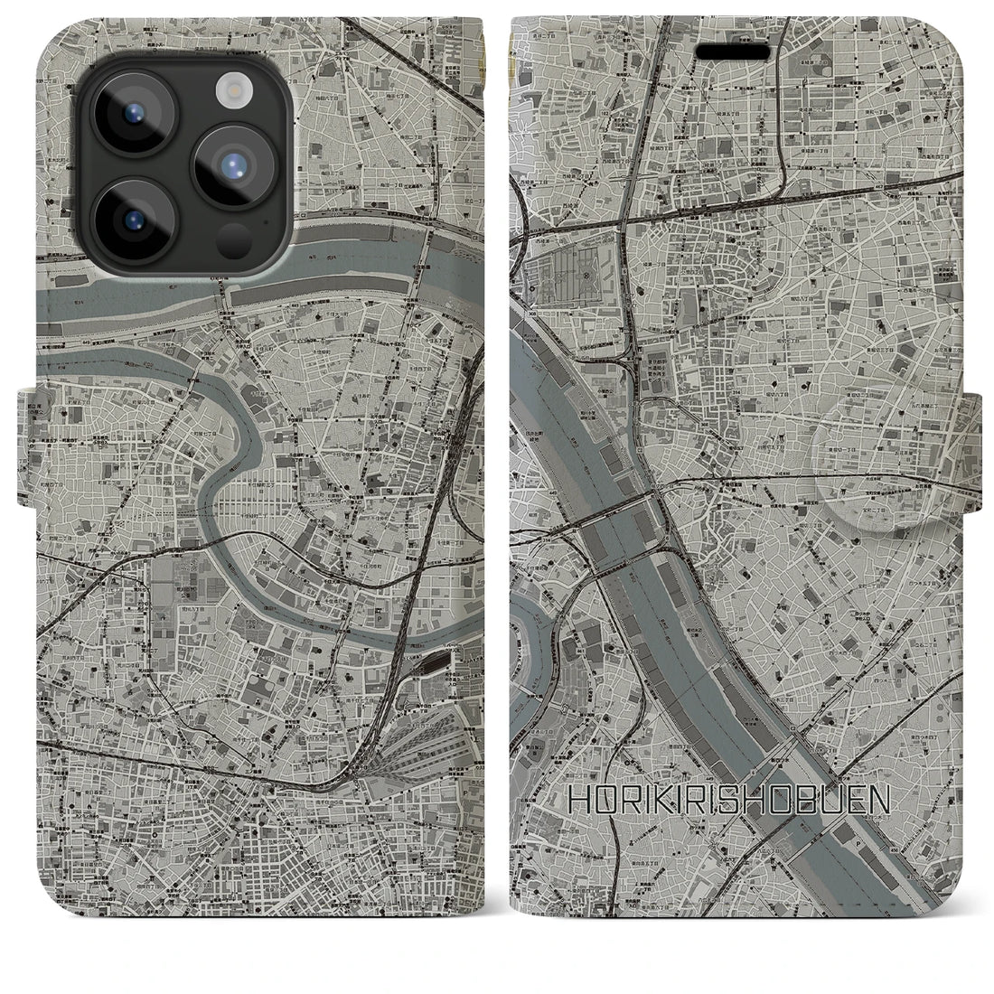【堀切菖蒲園】地図柄iPhoneケース（手帳両面タイプ・モノトーン）iPhone 15 Pro Max 用