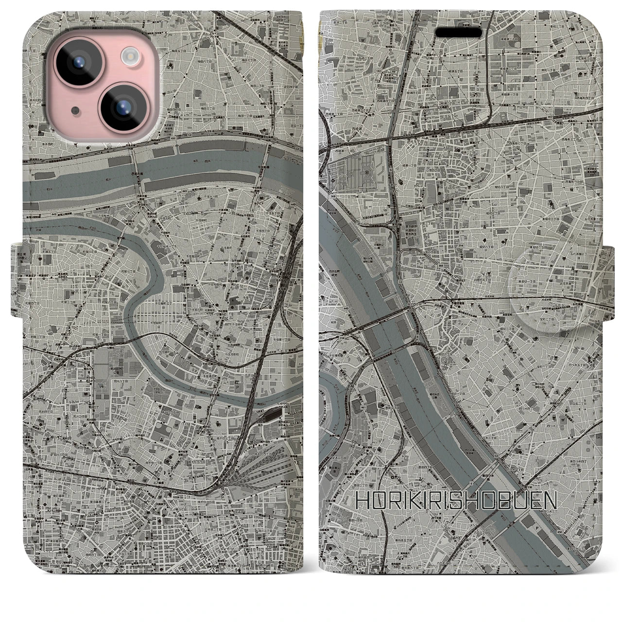 【堀切菖蒲園】地図柄iPhoneケース（手帳両面タイプ・モノトーン）iPhone 15 Plus 用