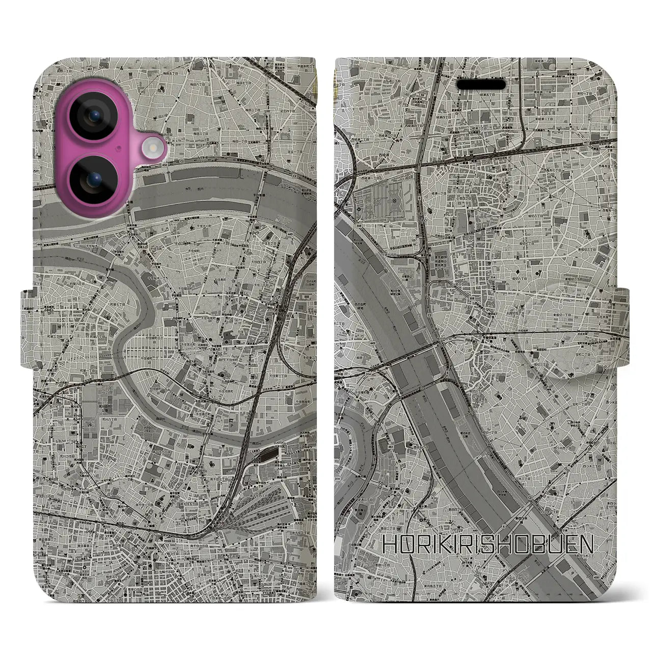 【堀切菖蒲園（東京都）】地図柄iPhoneケース（手帳タイプ）モノトーン・iPhone 16 Pro 用