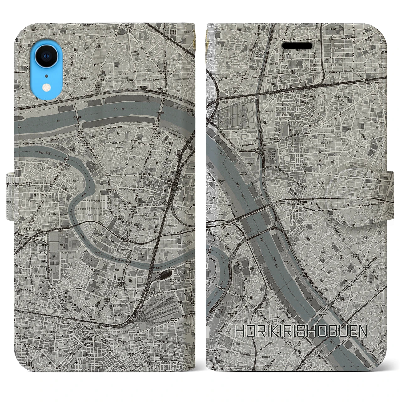 【堀切菖蒲園】地図柄iPhoneケース（手帳両面タイプ・モノトーン）iPhone XR 用