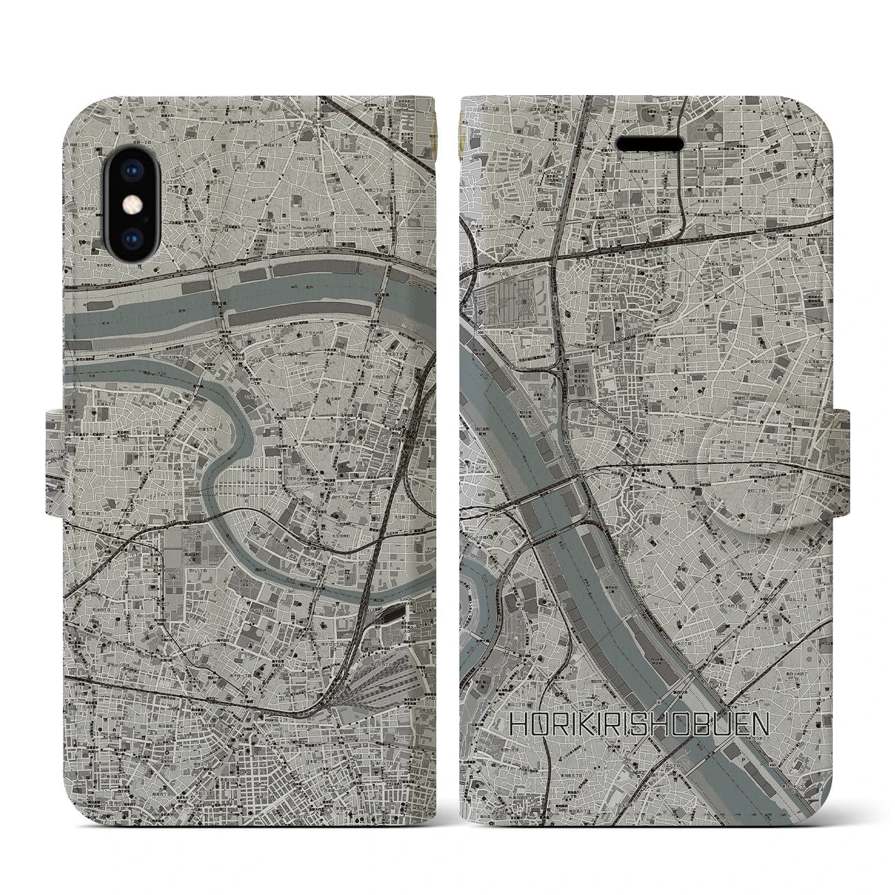 【堀切菖蒲園】地図柄iPhoneケース（手帳両面タイプ・モノトーン）iPhone XS / X 用