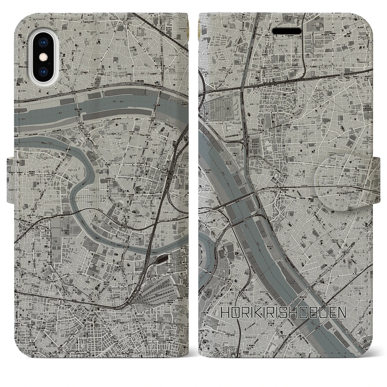 【堀切菖蒲園】地図柄iPhoneケース（手帳両面タイプ・モノトーン）iPhone XS Max 用