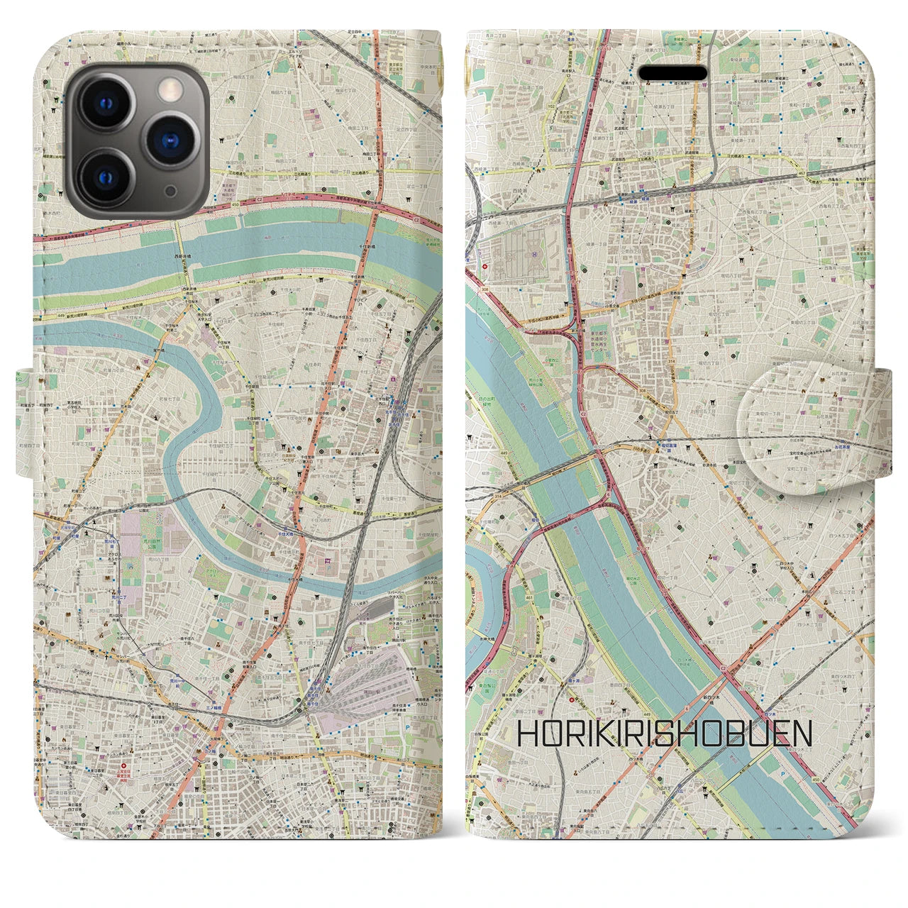 【堀切菖蒲園（東京都）】地図柄iPhoneケース（手帳タイプ）ナチュラル・iPhone 11 Pro Max 用