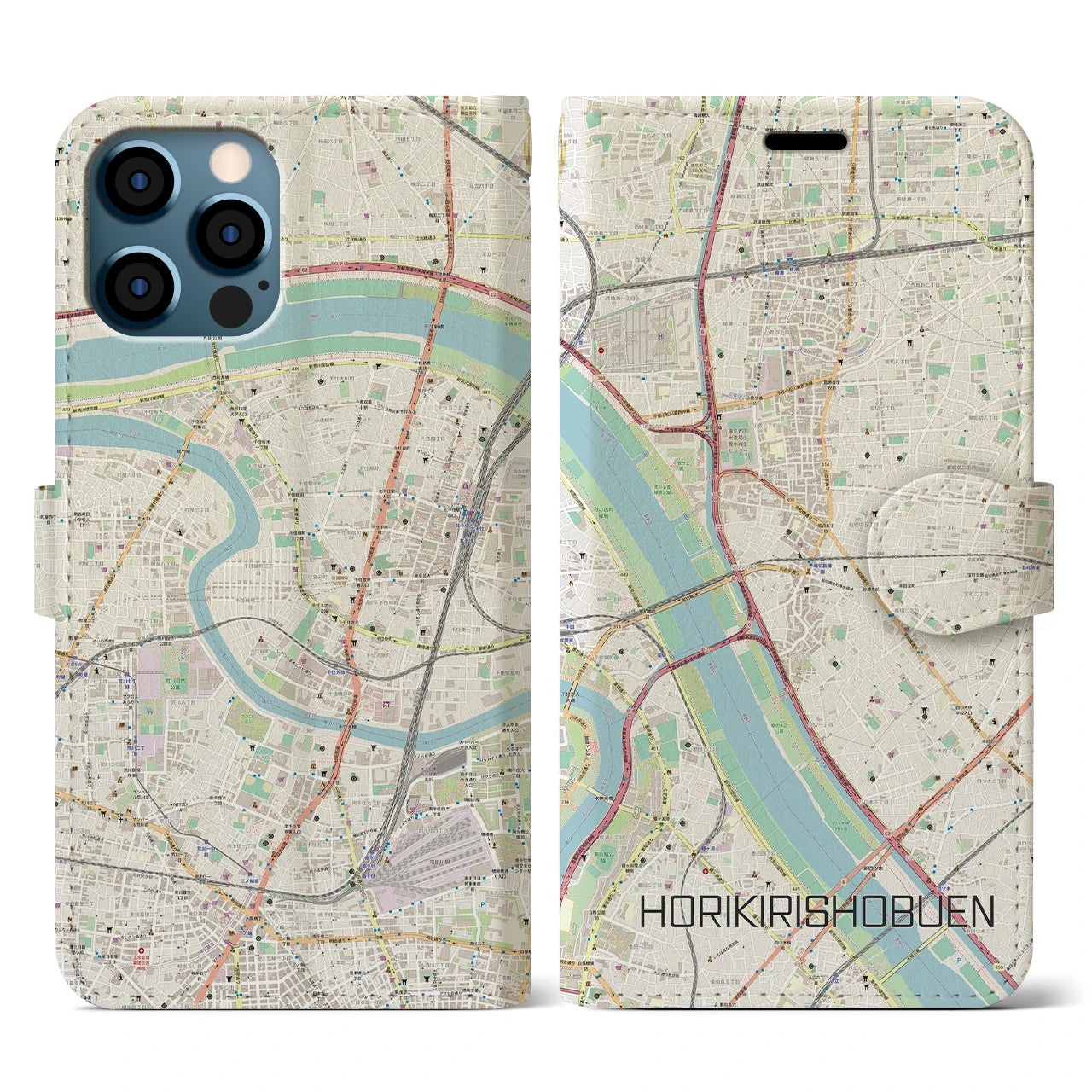 【堀切菖蒲園（東京都）】地図柄iPhoneケース（手帳タイプ）ナチュラル・iPhone 12 / 12 Pro 用