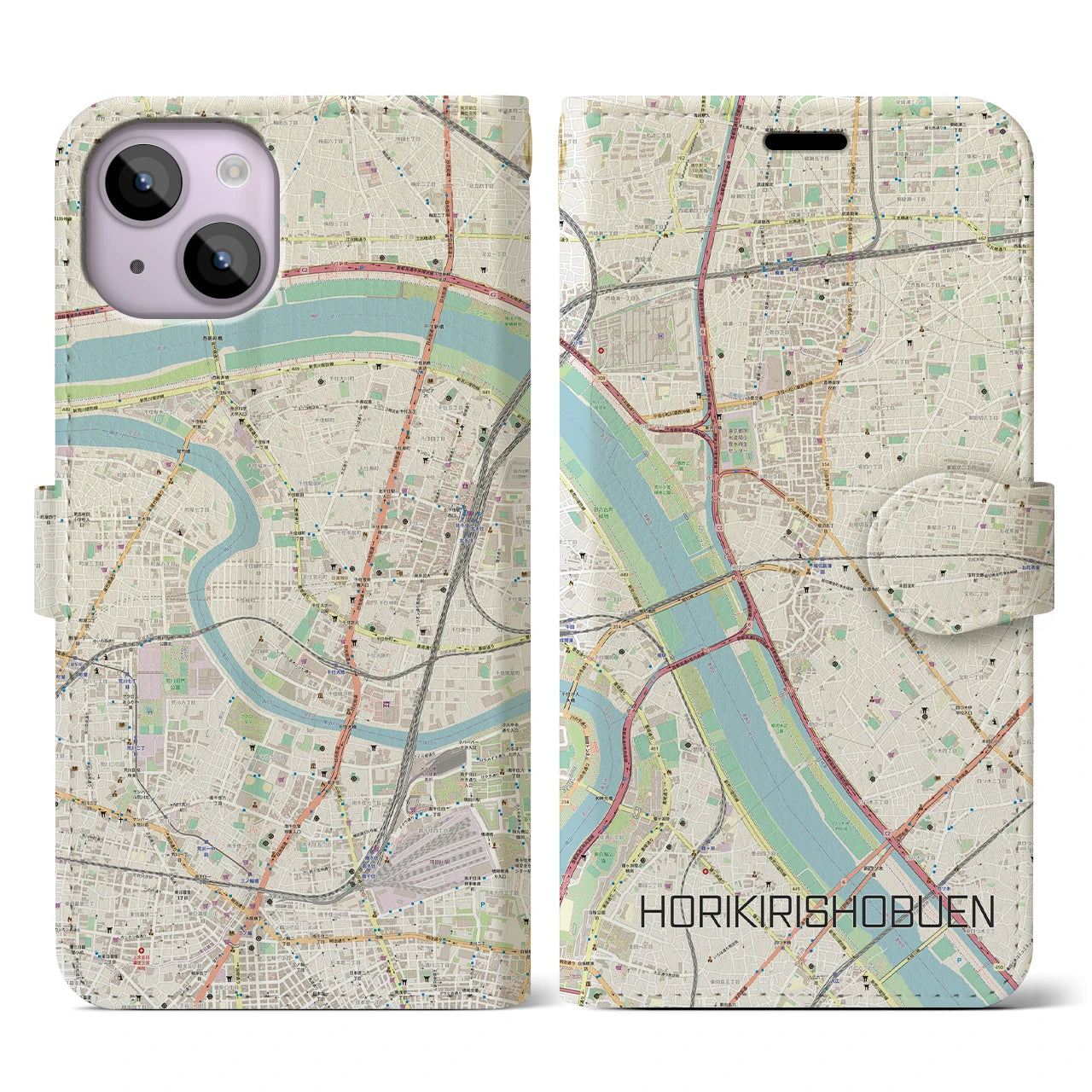 【堀切菖蒲園（東京都）】地図柄iPhoneケース（手帳タイプ）ナチュラル・iPhone 14 用