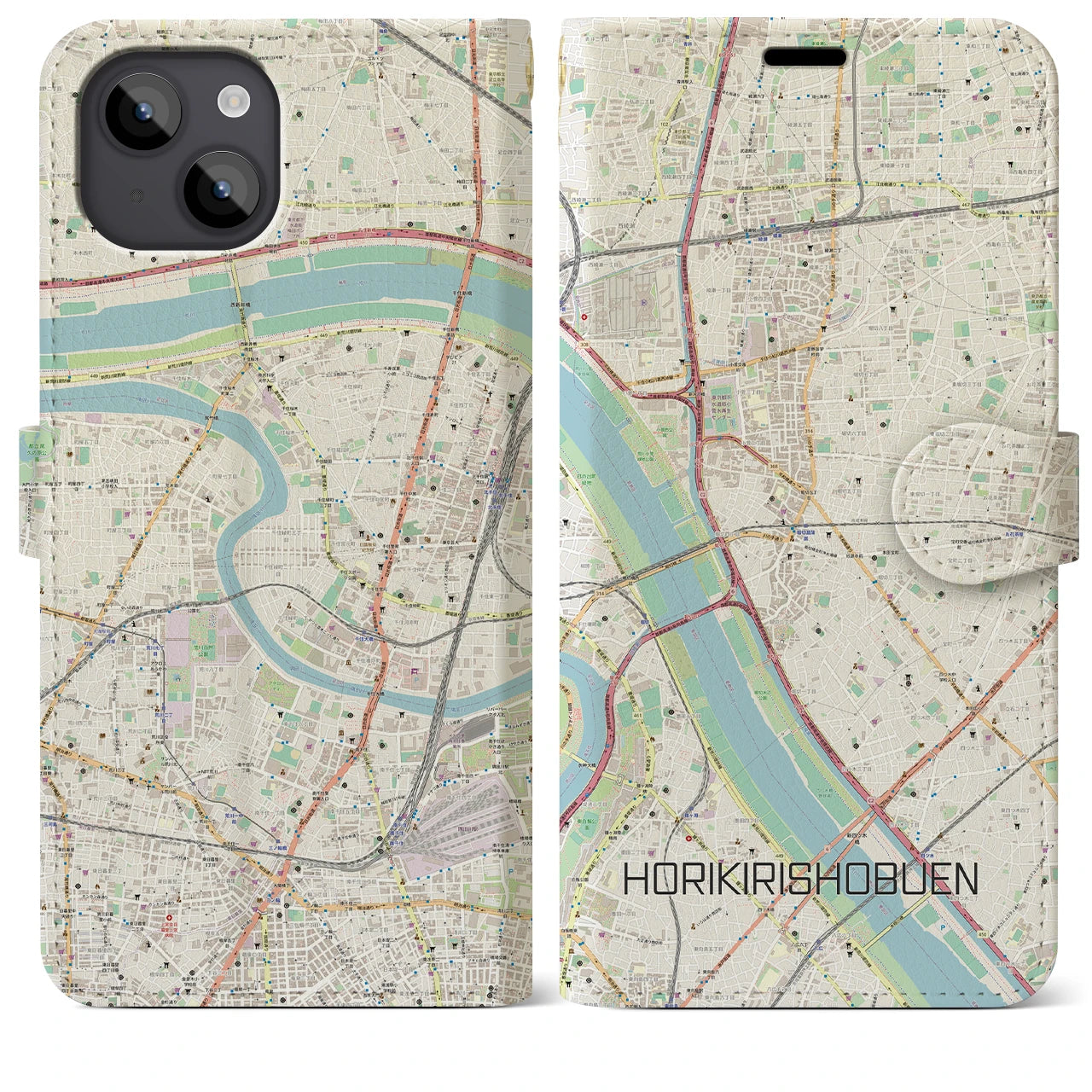 【堀切菖蒲園（東京都）】地図柄iPhoneケース（手帳タイプ）ナチュラル・iPhone 14 Plus 用