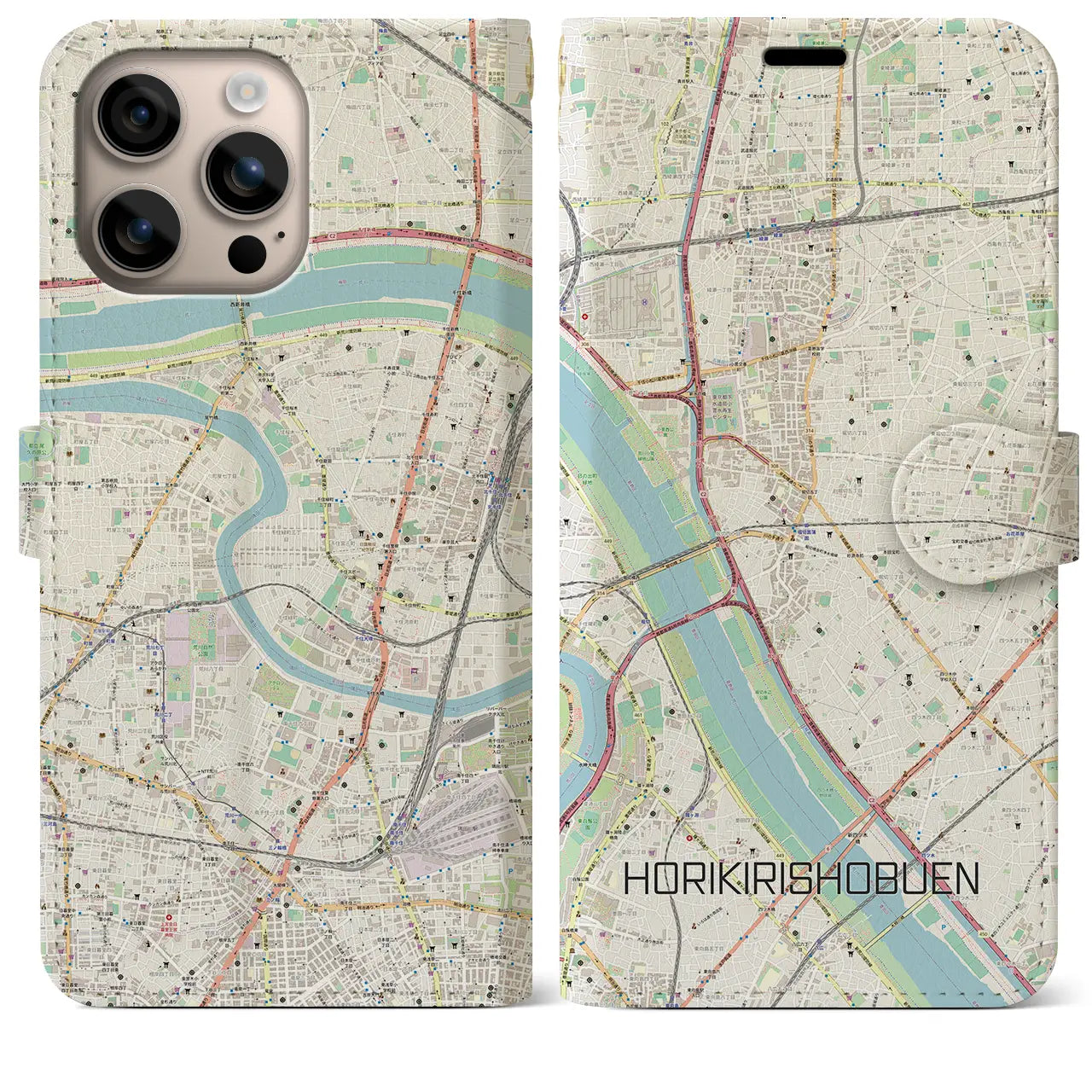 【堀切菖蒲園（東京都）】地図柄iPhoneケース（手帳タイプ）ナチュラル・iPhone 16 Plus 用