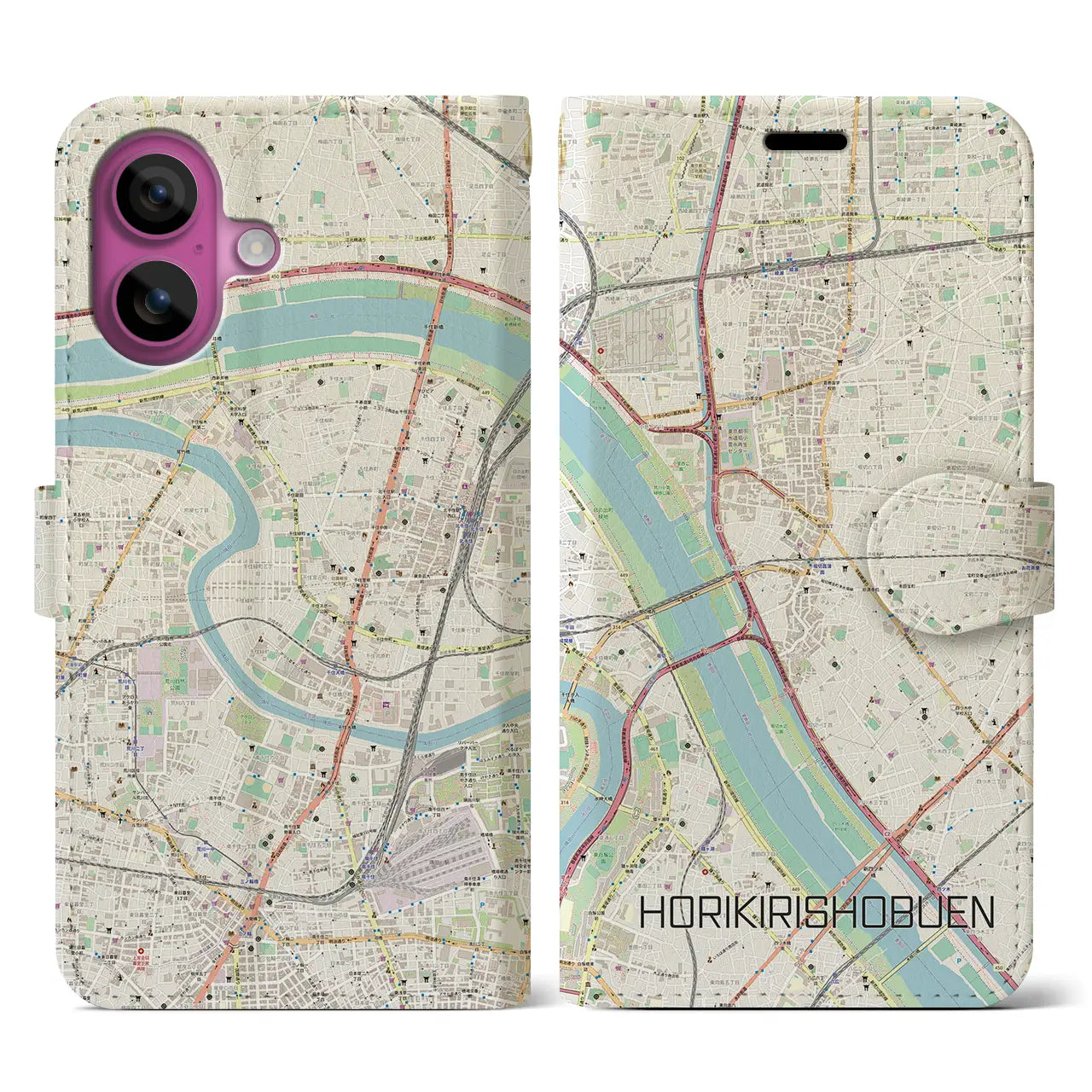 【堀切菖蒲園（東京都）】地図柄iPhoneケース（手帳タイプ）ナチュラル・iPhone 16 Pro 用