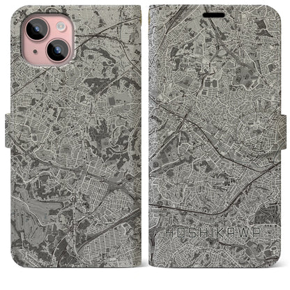 【星川（神奈川県）】地図柄iPhoneケース（手帳タイプ）モノトーン・iPhone 15 Plus 用