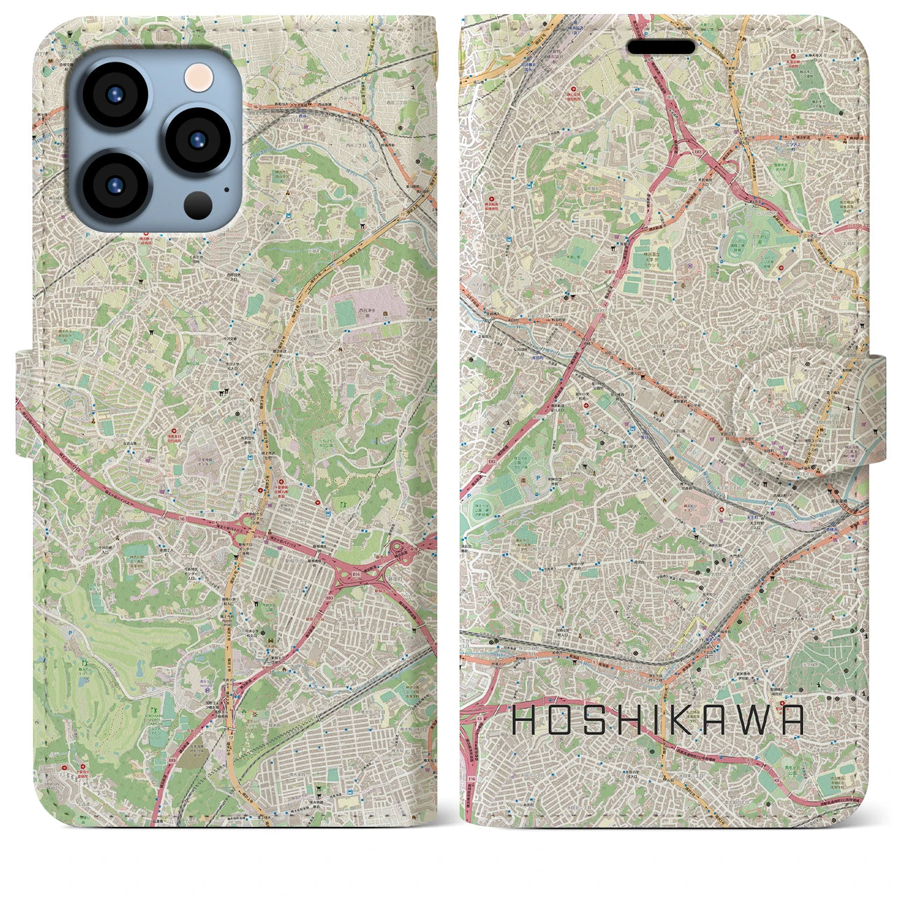 【星川（神奈川県）】地図柄iPhoneケース（手帳タイプ）ナチュラル・iPhone 13 Pro Max 用