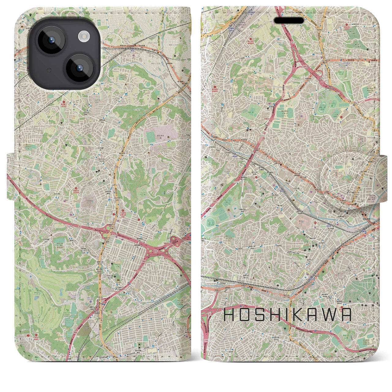 【星川（神奈川県）】地図柄iPhoneケース（手帳タイプ）ナチュラル・iPhone 14 Plus 用