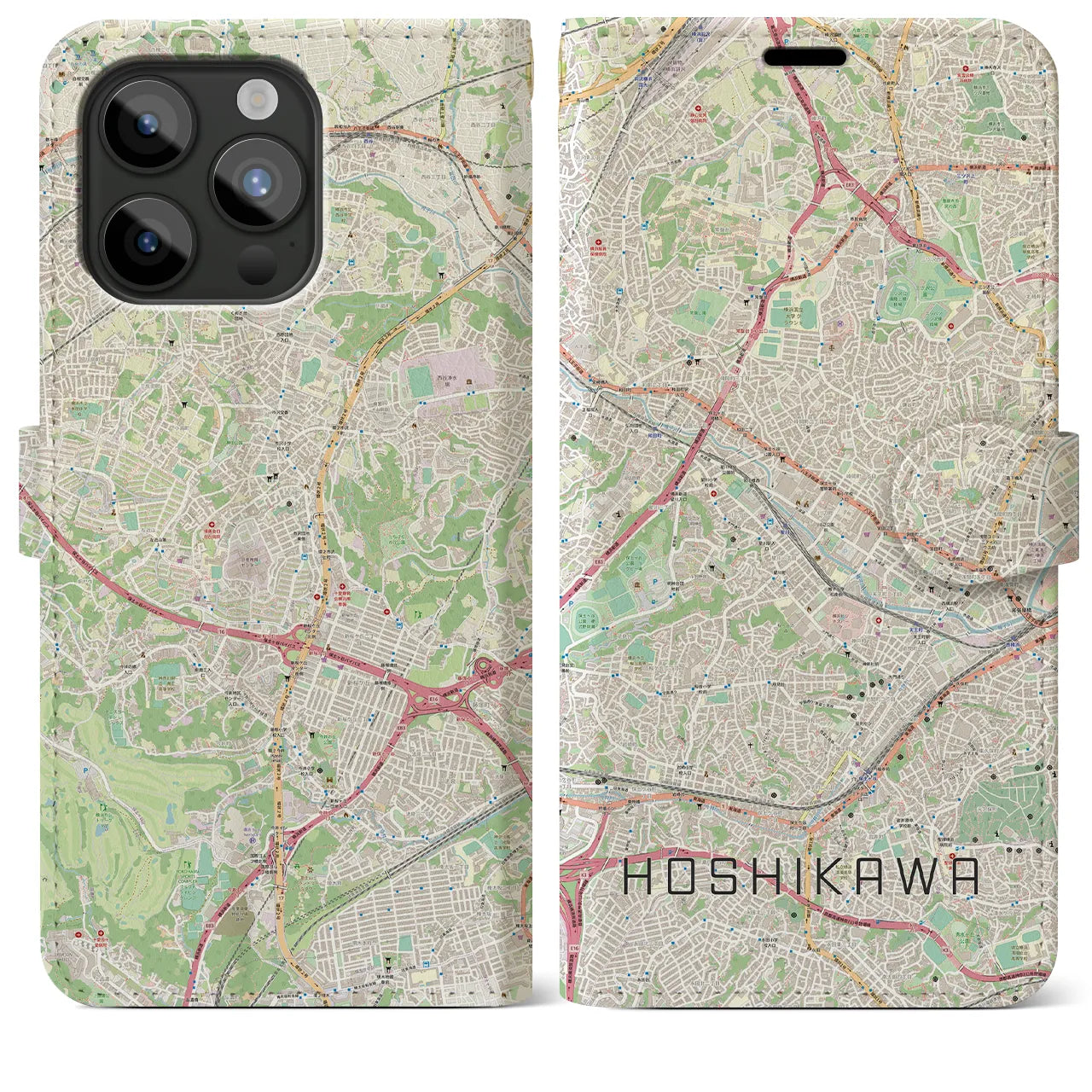 【星川（神奈川県）】地図柄iPhoneケース（手帳タイプ）ナチュラル・iPhone 15 Pro Max 用