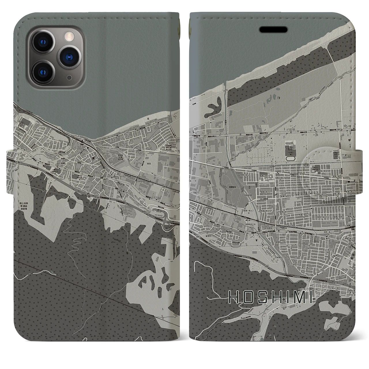 【ほしみ】地図柄iPhoneケース（手帳両面タイプ・モノトーン）iPhone 11 Pro Max 用