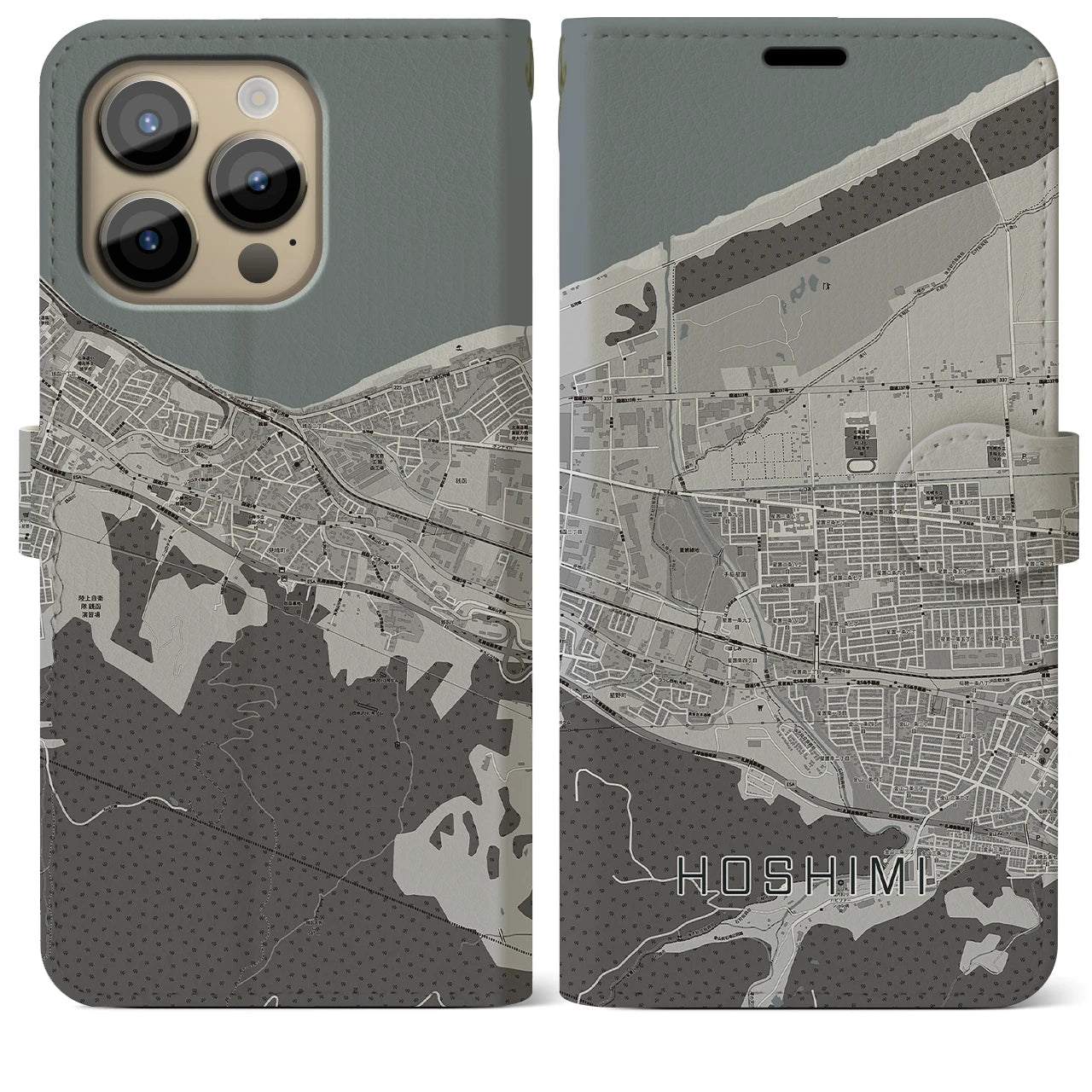 【ほしみ】地図柄iPhoneケース（手帳両面タイプ・モノトーン）iPhone 14 Pro Max 用