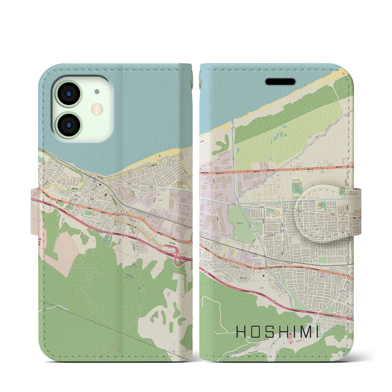 【ほしみ（北海道）】地図柄iPhoneケース（手帳タイプ）ナチュラル・iPhone 12 mini 用