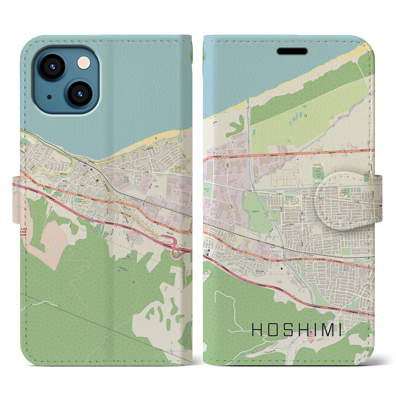 【ほしみ（北海道）】地図柄iPhoneケース（手帳タイプ）ナチュラル・iPhone 13 用