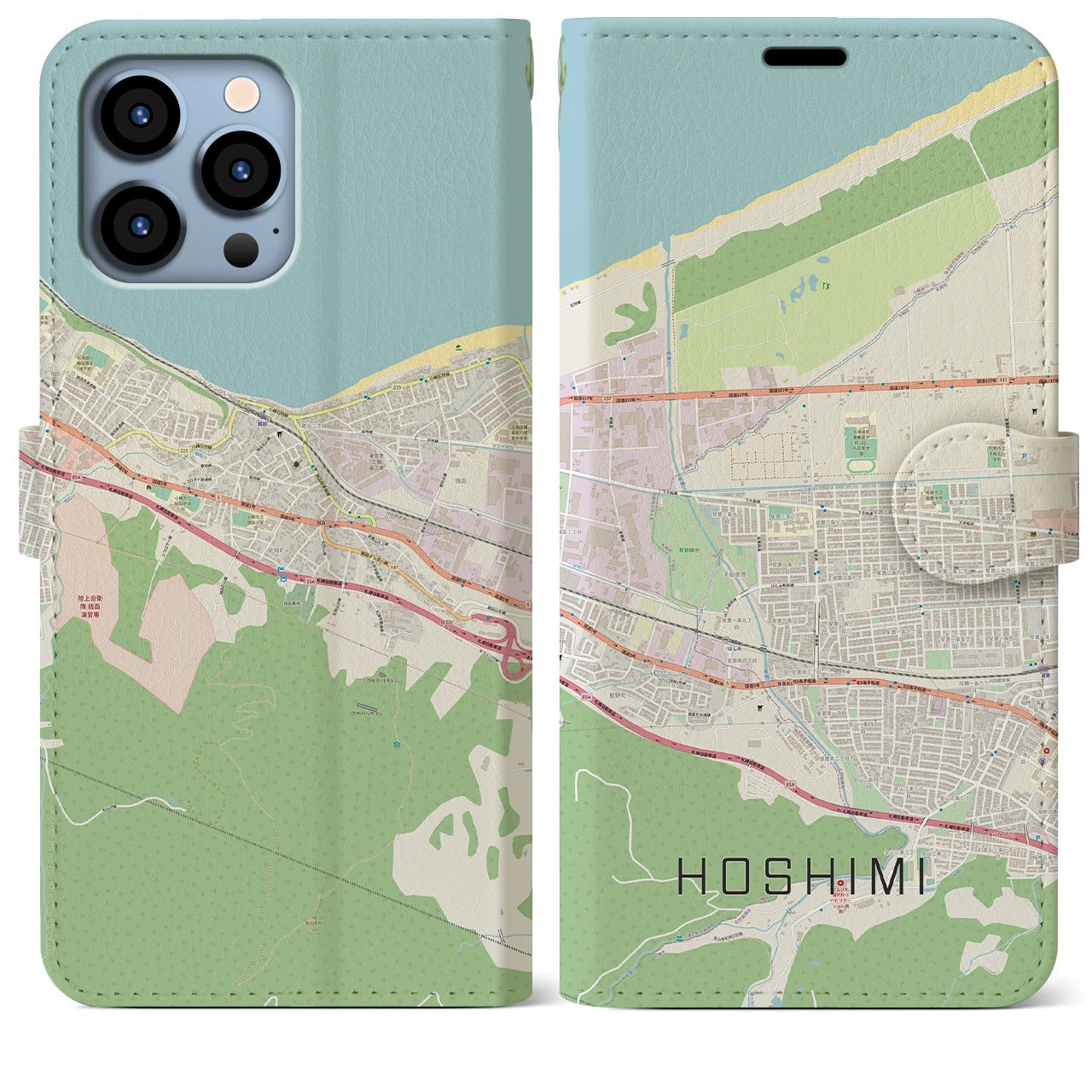 【ほしみ（北海道）】地図柄iPhoneケース（手帳タイプ）ナチュラル・iPhone 13 Pro Max 用