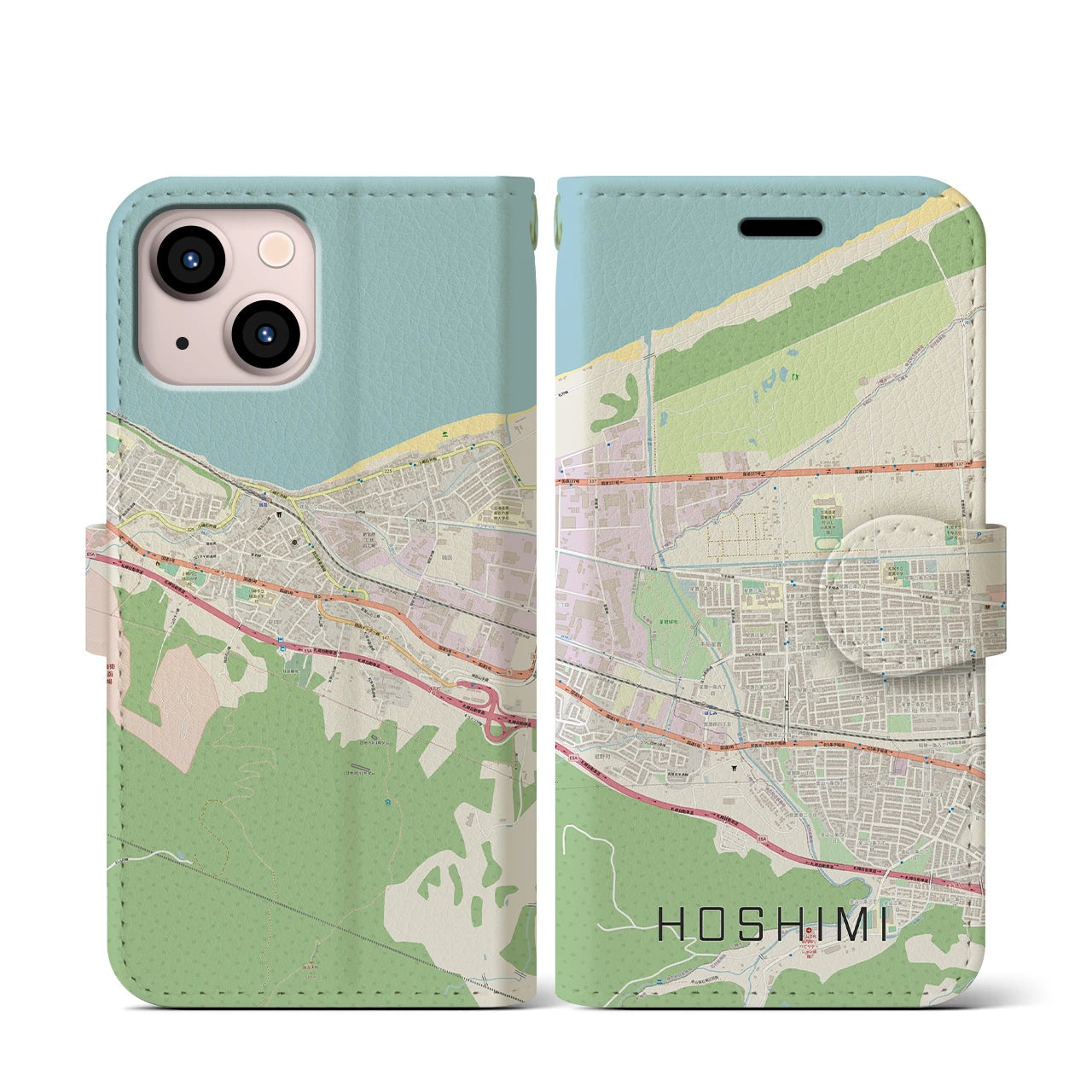 【ほしみ（北海道）】地図柄iPhoneケース（手帳タイプ）ナチュラル・iPhone 13 mini 用