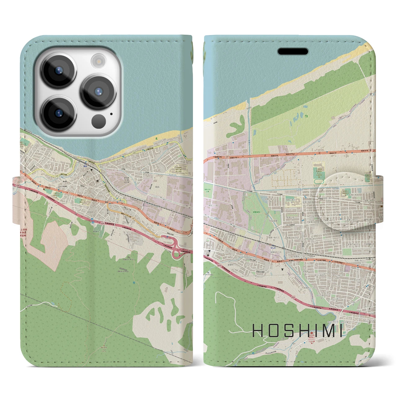 【ほしみ（北海道）】地図柄iPhoneケース（手帳タイプ）ナチュラル・iPhone 14 Pro 用