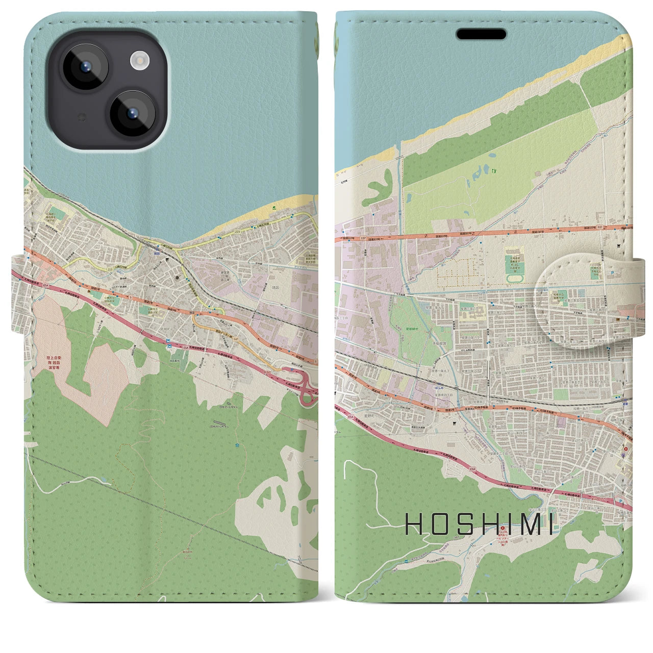 【ほしみ（北海道）】地図柄iPhoneケース（手帳タイプ）ナチュラル・iPhone 14 Plus 用