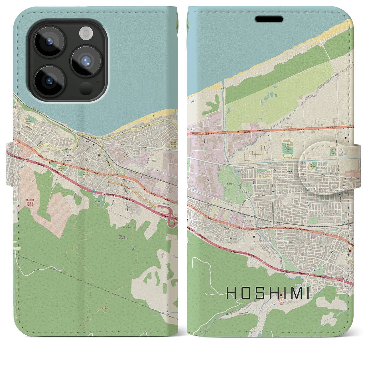 【ほしみ（北海道）】地図柄iPhoneケース（手帳タイプ）ナチュラル・iPhone 15 Pro Max 用