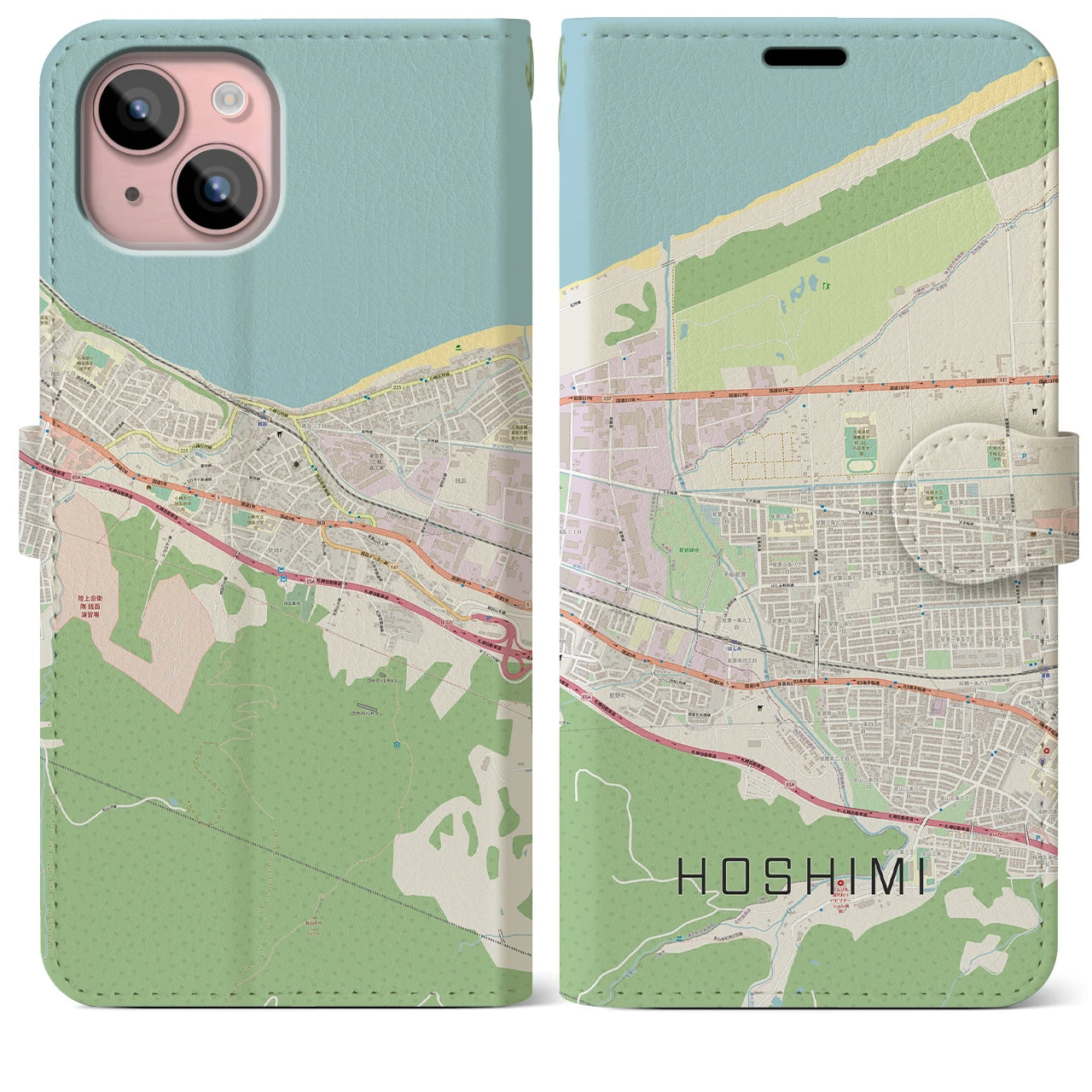 【ほしみ（北海道）】地図柄iPhoneケース（手帳タイプ）ナチュラル・iPhone 15 Plus 用