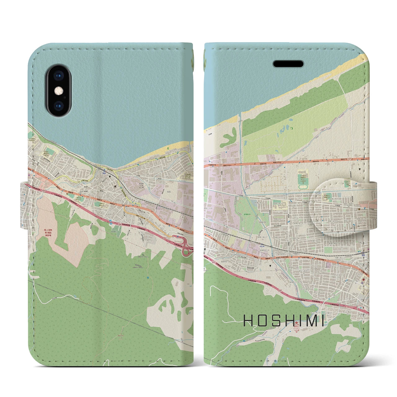 【ほしみ（北海道）】地図柄iPhoneケース（手帳タイプ）ナチュラル・iPhone XS / X 用