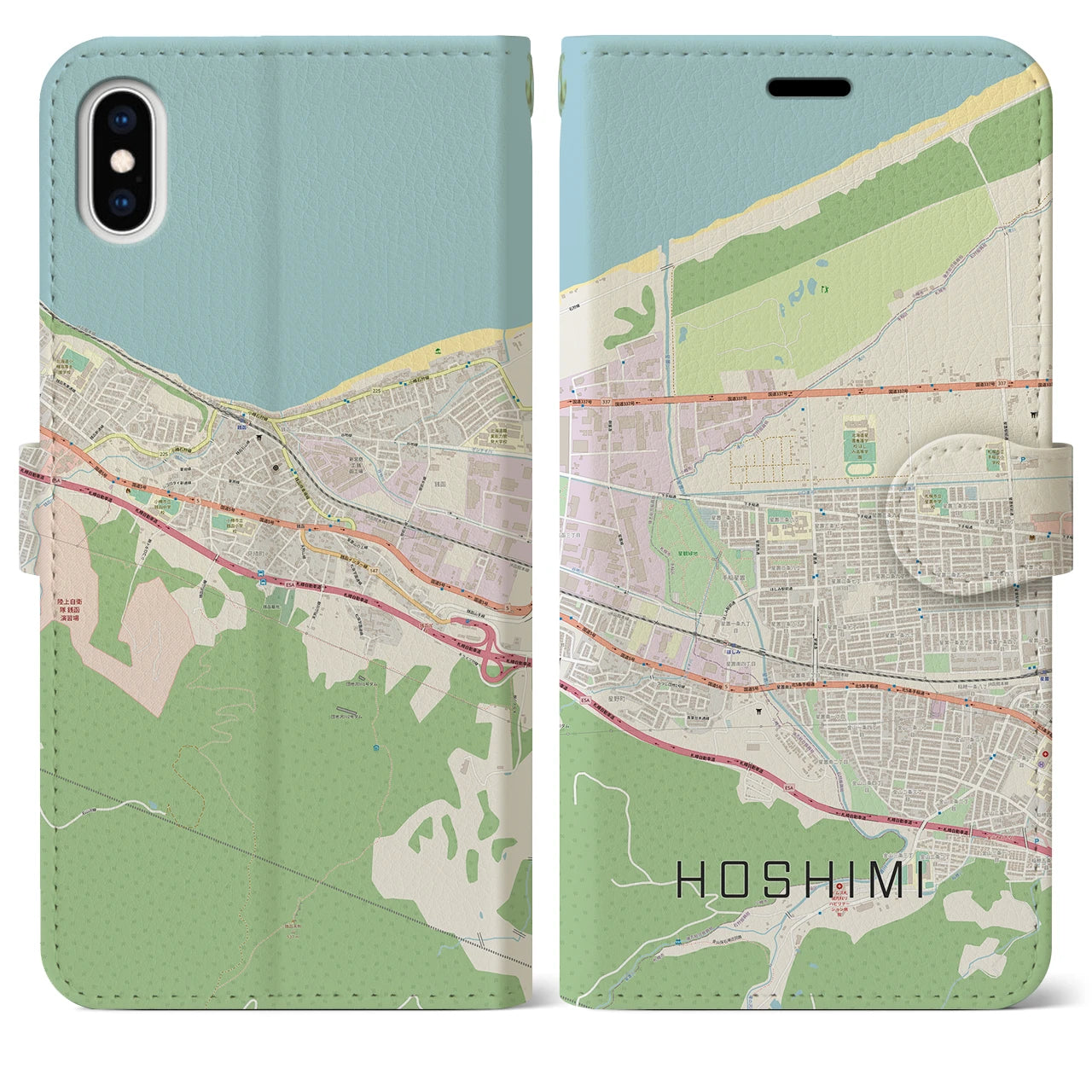 【ほしみ（北海道）】地図柄iPhoneケース（手帳タイプ）ナチュラル・iPhone XS Max 用