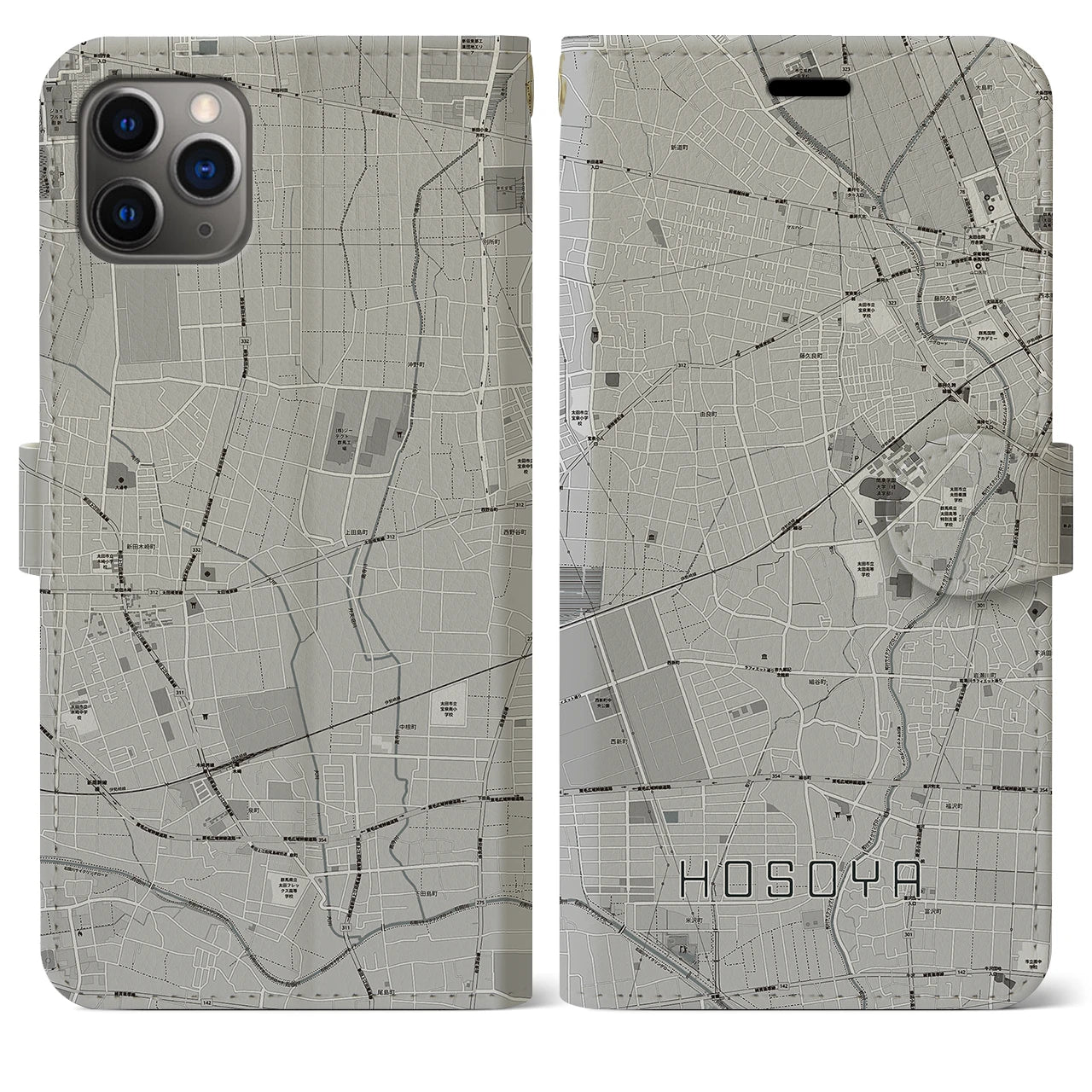 【細谷】地図柄iPhoneケース（手帳両面タイプ・モノトーン）iPhone 11 Pro Max 用