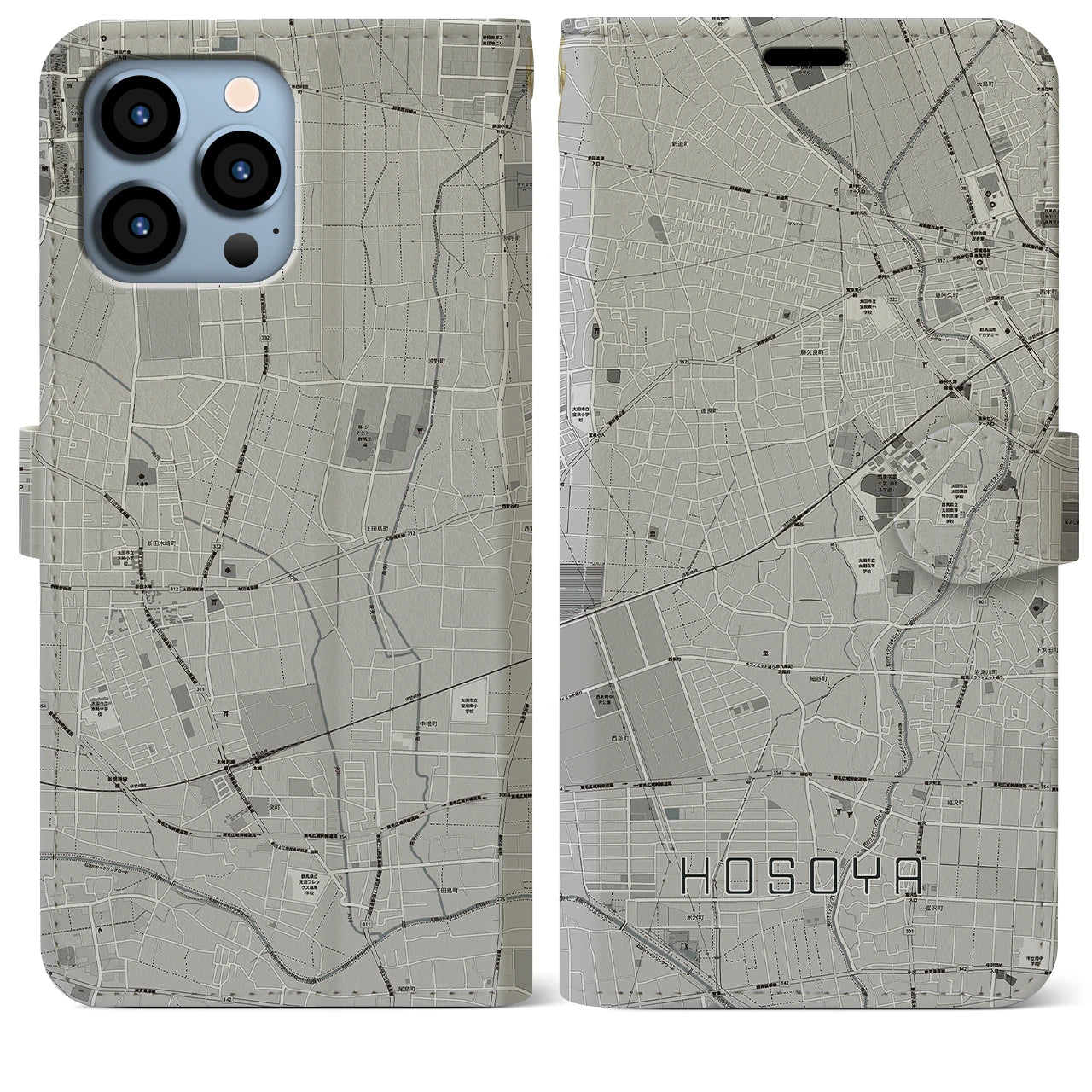 【細谷（群馬県）】地図柄iPhoneケース（手帳タイプ）モノトーン・iPhone 13 Pro Max 用