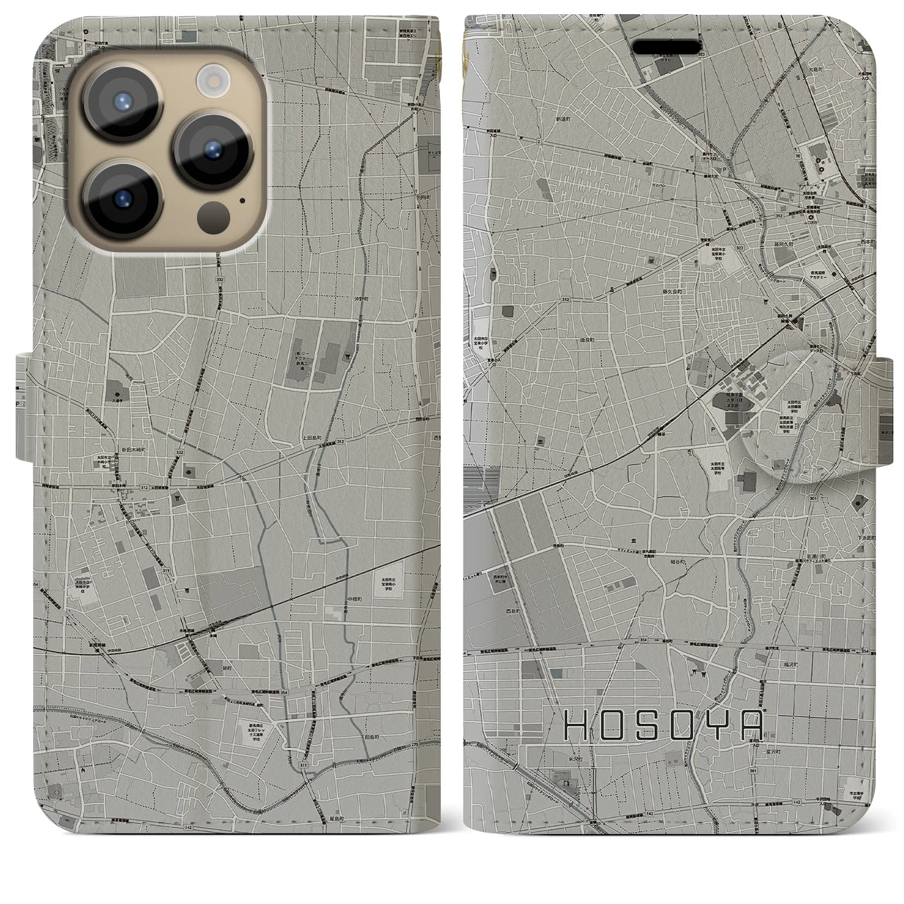 【細谷】地図柄iPhoneケース（手帳両面タイプ・モノトーン）iPhone 14 Pro Max 用