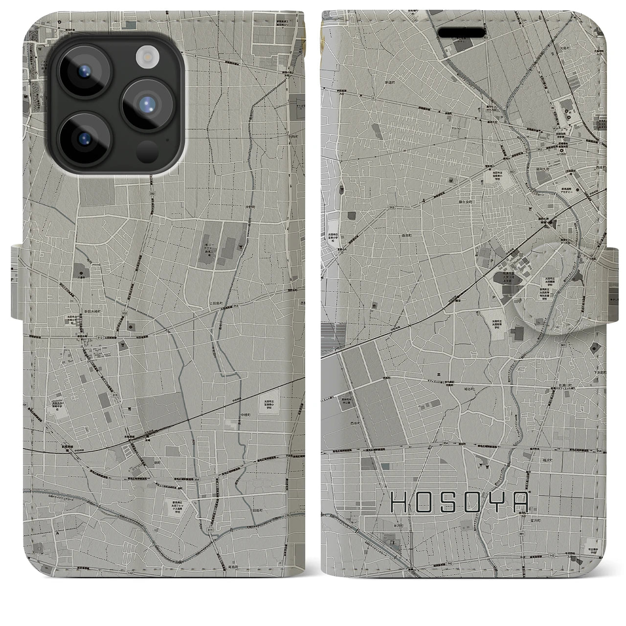 【細谷（群馬県）】地図柄iPhoneケース（手帳タイプ）モノトーン・iPhone 15 Pro Max 用