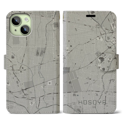 【細谷（群馬県）】地図柄iPhoneケース（手帳タイプ）モノトーン・iPhone 15 用