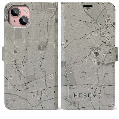 【細谷（群馬県）】地図柄iPhoneケース（手帳タイプ）モノトーン・iPhone 15 Plus 用