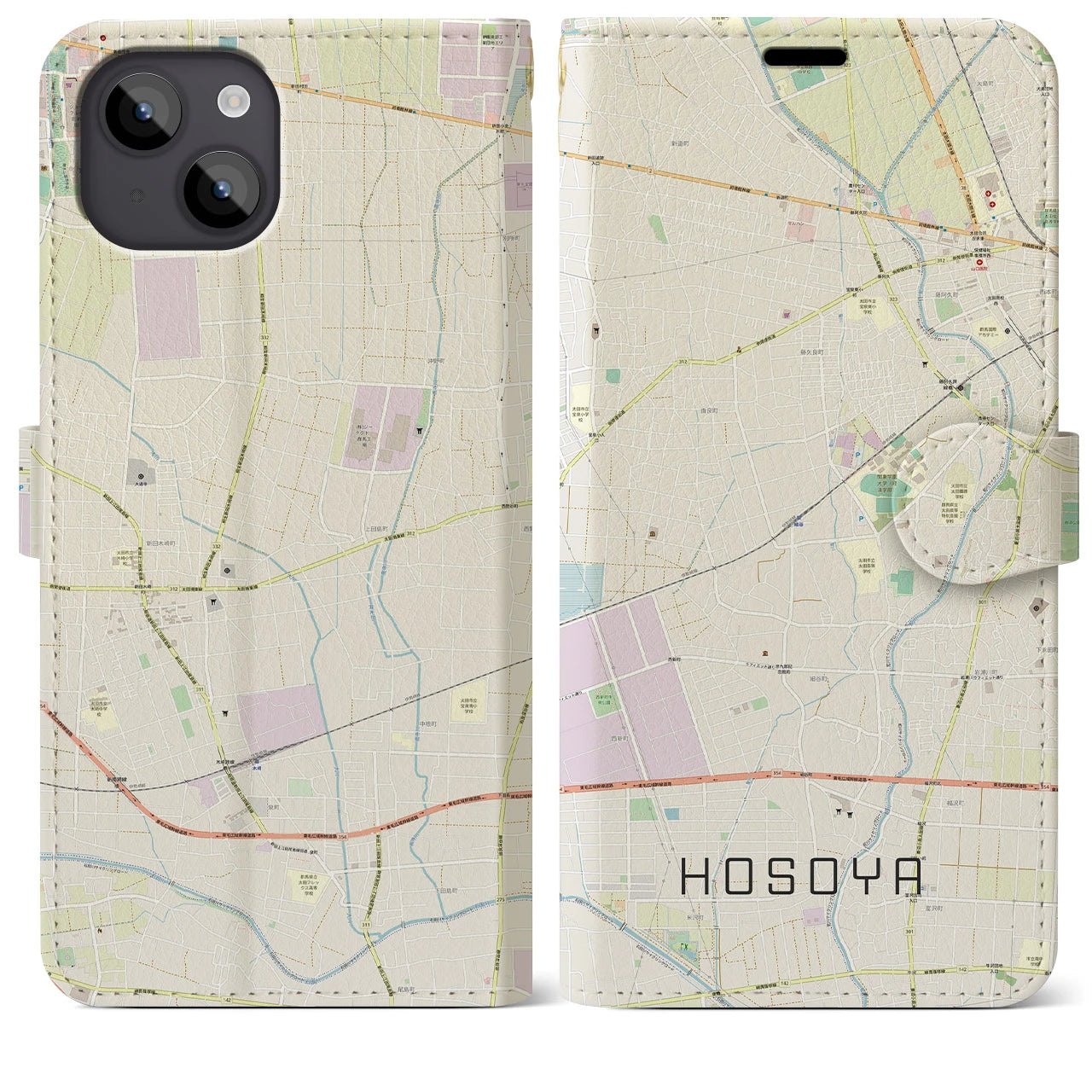 【細谷（群馬県）】地図柄iPhoneケース（手帳タイプ）ナチュラル・iPhone 14 Plus 用