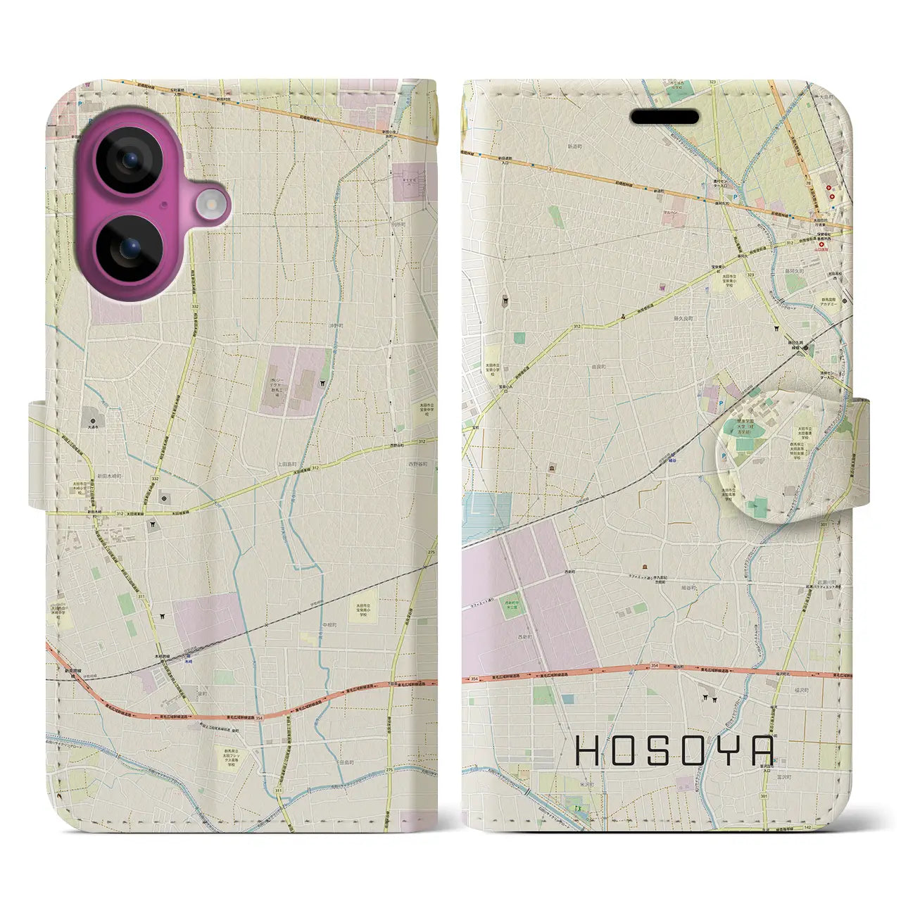 【細谷（群馬県）】地図柄iPhoneケース（手帳タイプ）ナチュラル・iPhone 16 Pro 用