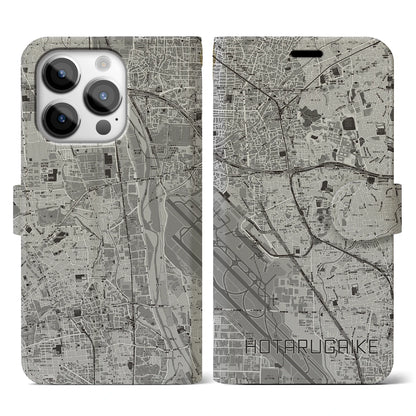 【蛍池（大阪府）】地図柄iPhoneケース（手帳タイプ）モノトーン・iPhone 14 Pro 用