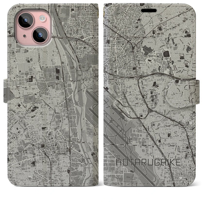 【蛍池（大阪府）】地図柄iPhoneケース（手帳タイプ）モノトーン・iPhone 15 Plus 用