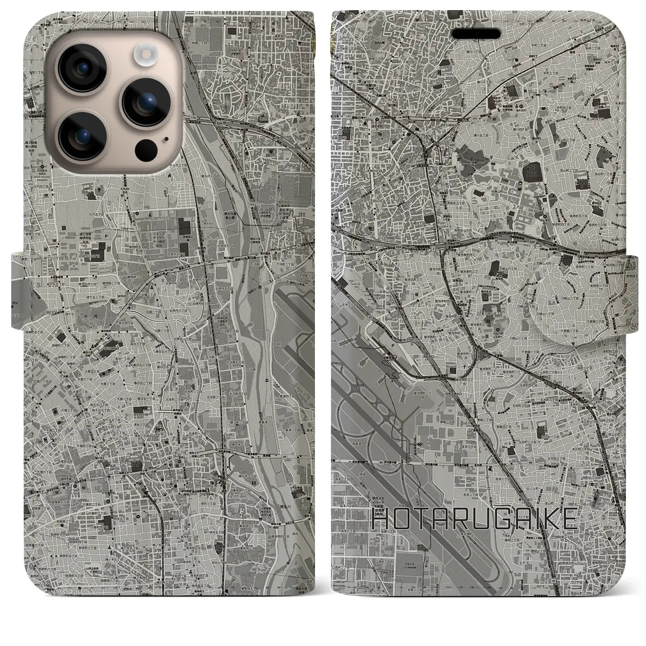 【蛍池（大阪府）】地図柄iPhoneケース（手帳タイプ）モノトーン・iPhone 16 Plus 用