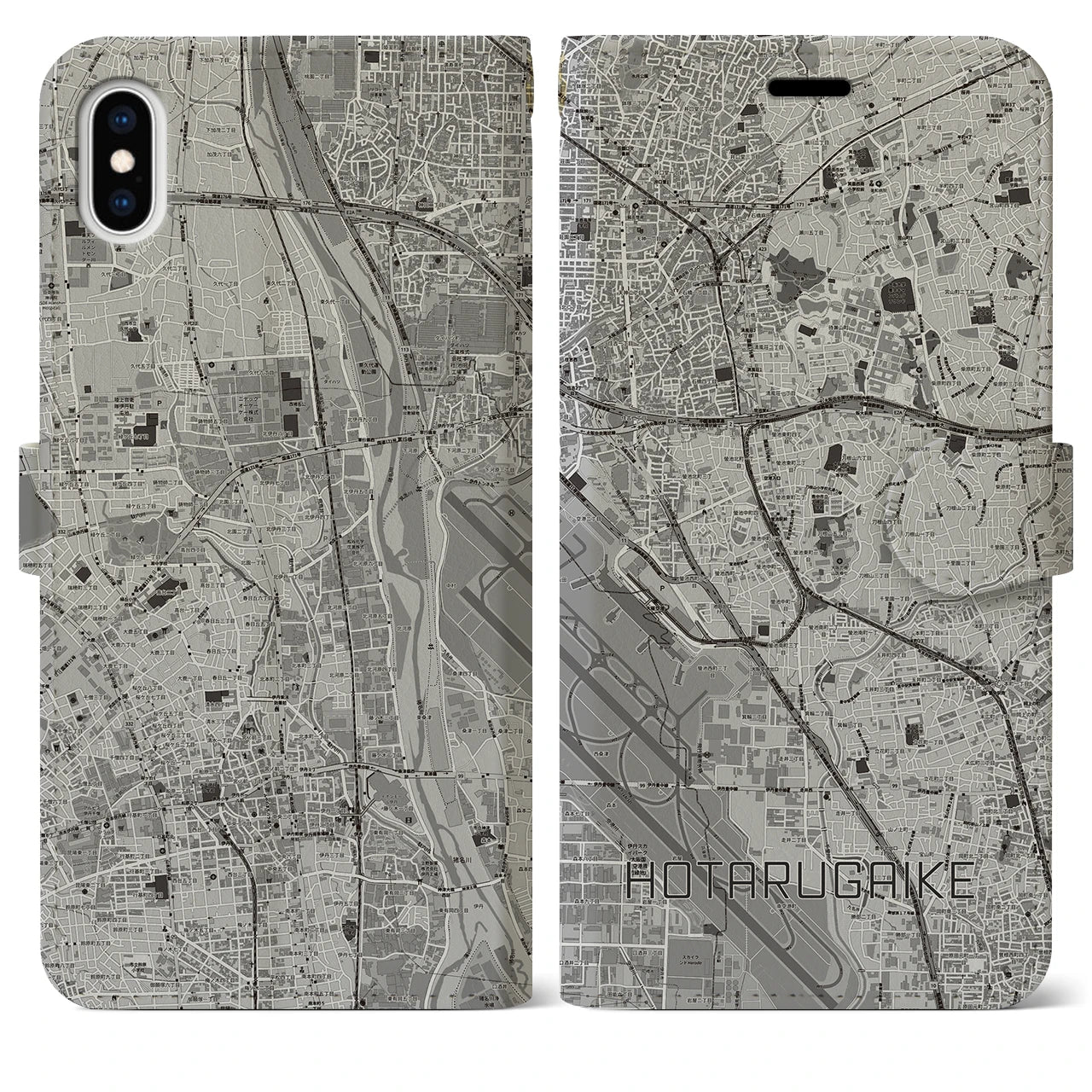 【蛍池（大阪府）】地図柄iPhoneケース（手帳タイプ）モノトーン・iPhone XS Max 用