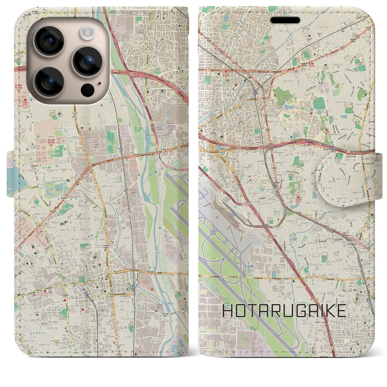 【蛍池（大阪府）】地図柄iPhoneケース（手帳タイプ）ナチュラル・iPhone 16 Plus 用