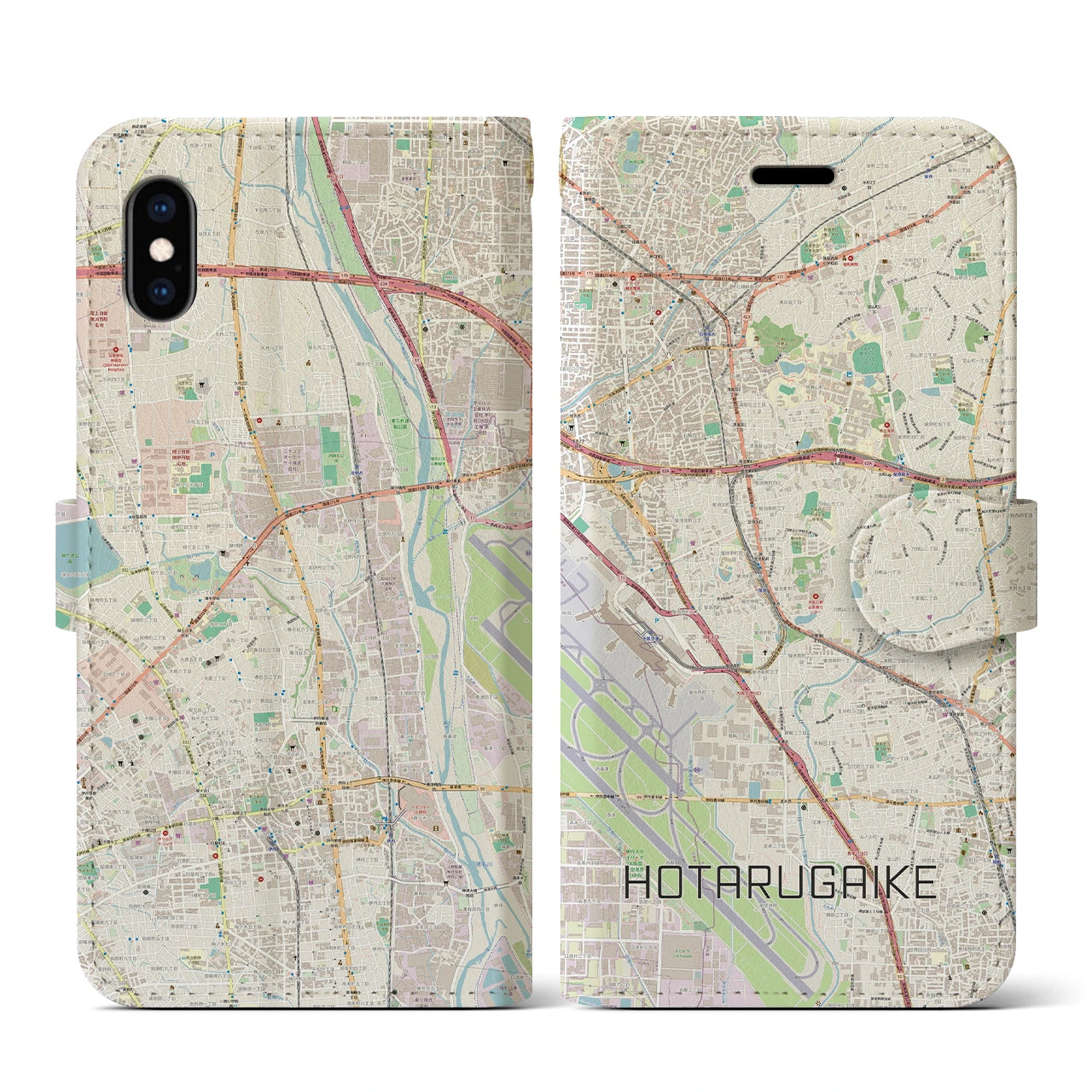 【蛍池（大阪府）】地図柄iPhoneケース（手帳タイプ）ナチュラル・iPhone XS / X 用