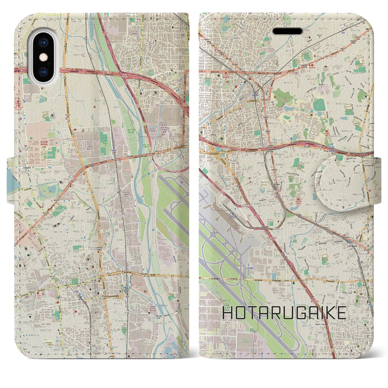 【蛍池（大阪府）】地図柄iPhoneケース（手帳タイプ）ナチュラル・iPhone XS Max 用