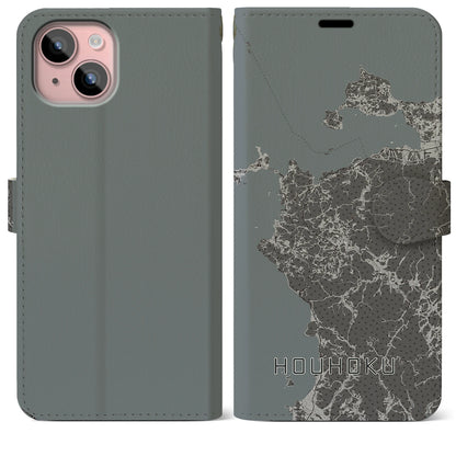 【豊北（山口県）】地図柄iPhoneケース（手帳タイプ）モノトーン・iPhone 15 Plus 用