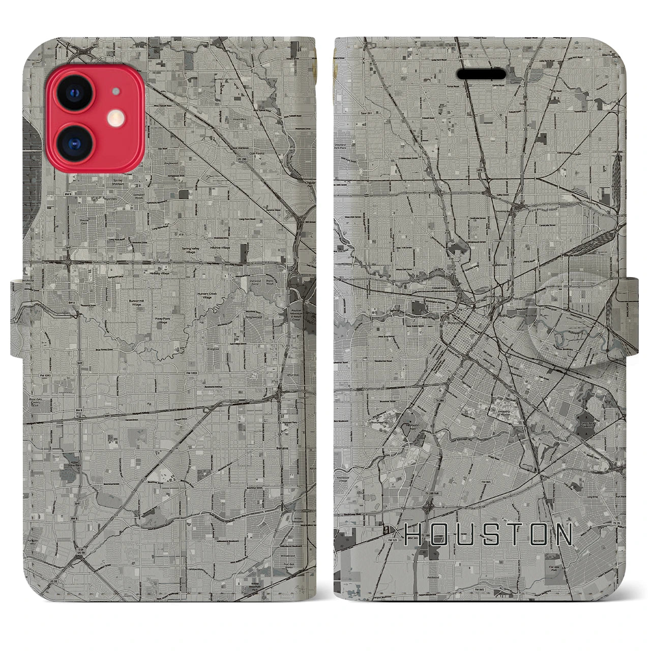 【ヒューストン】地図柄iPhoneケース（手帳両面タイプ・モノトーン）iPhone 11 用