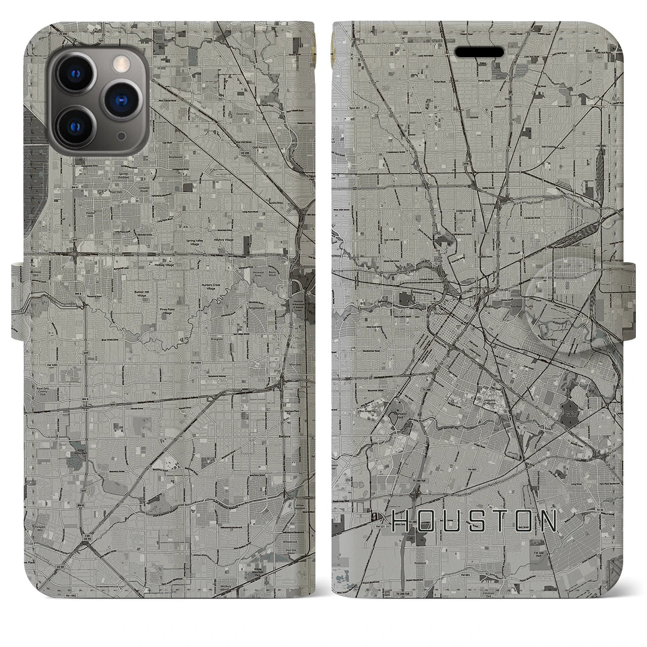 【ヒューストン】地図柄iPhoneケース（手帳両面タイプ・モノトーン）iPhone 11 Pro Max 用