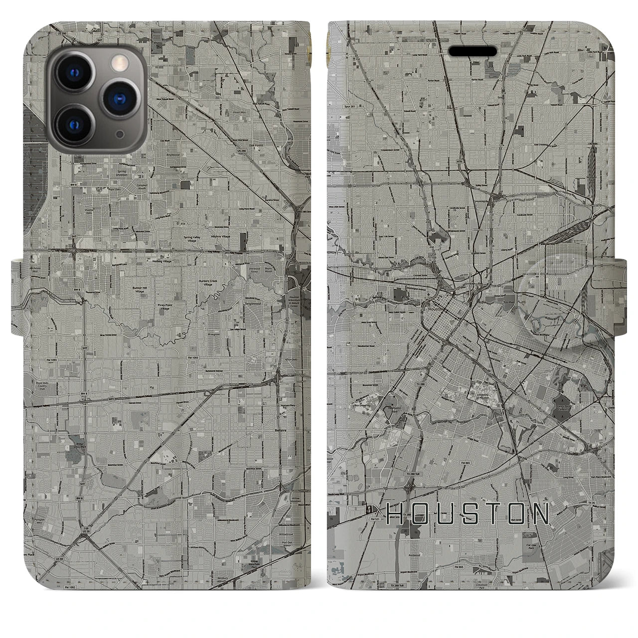 【ヒューストン（アメリカ）】地図柄iPhoneケース（手帳タイプ）モノトーン・iPhone 11 Pro Max 用