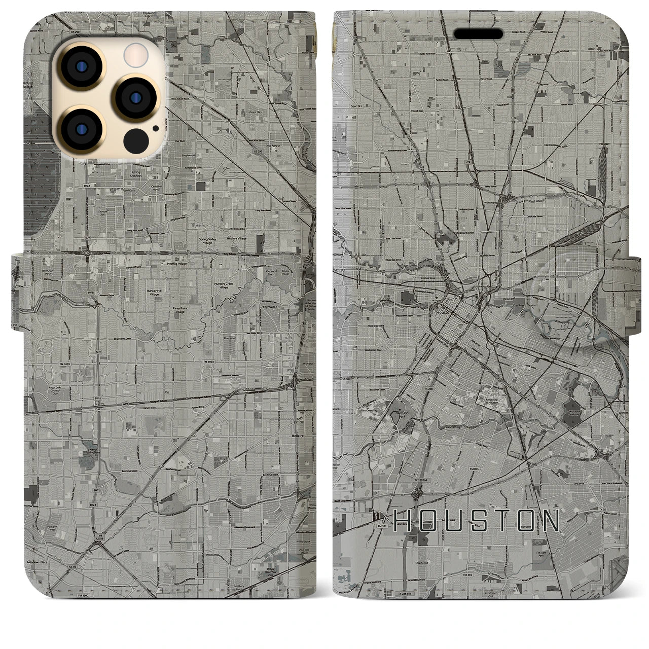 【ヒューストン】地図柄iPhoneケース（手帳両面タイプ・モノトーン）iPhone 12 Pro Max 用