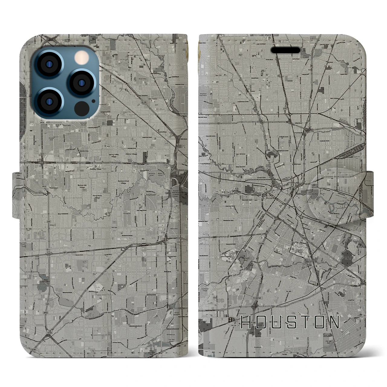 【ヒューストン（アメリカ）】地図柄iPhoneケース（手帳タイプ）モノトーン・iPhone 12 / 12 Pro 用