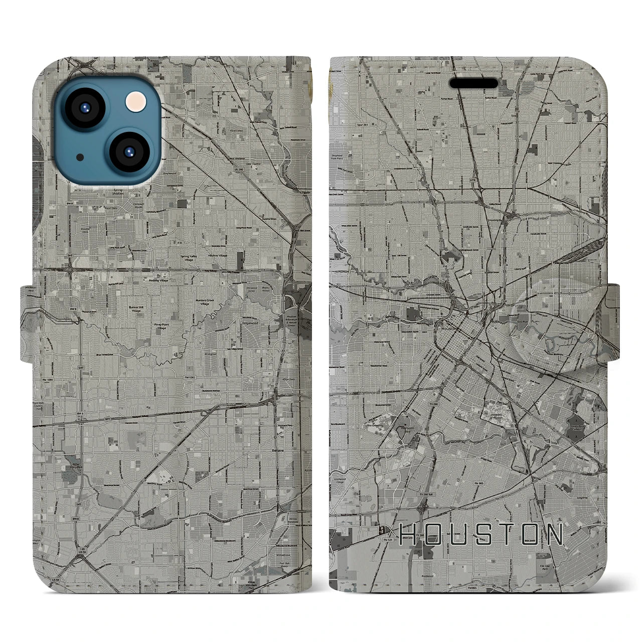 【ヒューストン】地図柄iPhoneケース（手帳両面タイプ・モノトーン）iPhone 13 用
